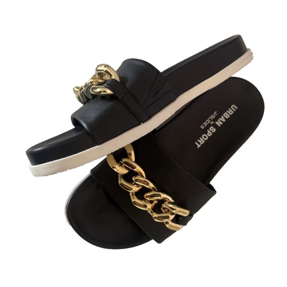 Black Slides With Gold Chain Accent By Urban Sport size 6 - Picture 3 of 8
